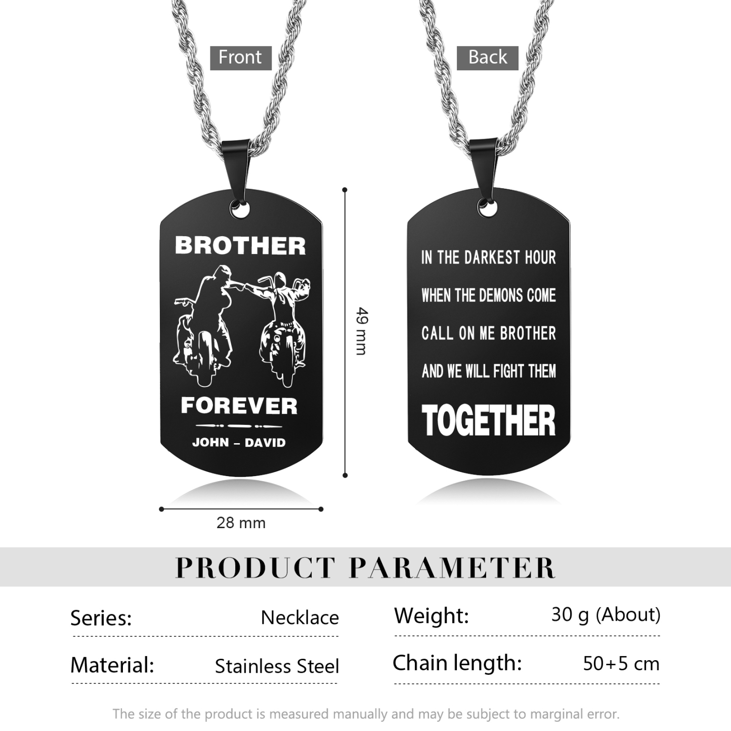 Brother Forever Dog Tag Necklace Personalised Black Double-sided Necklace Customised 2 Names Biker Necklace Gift to Brother-Jessemade AU