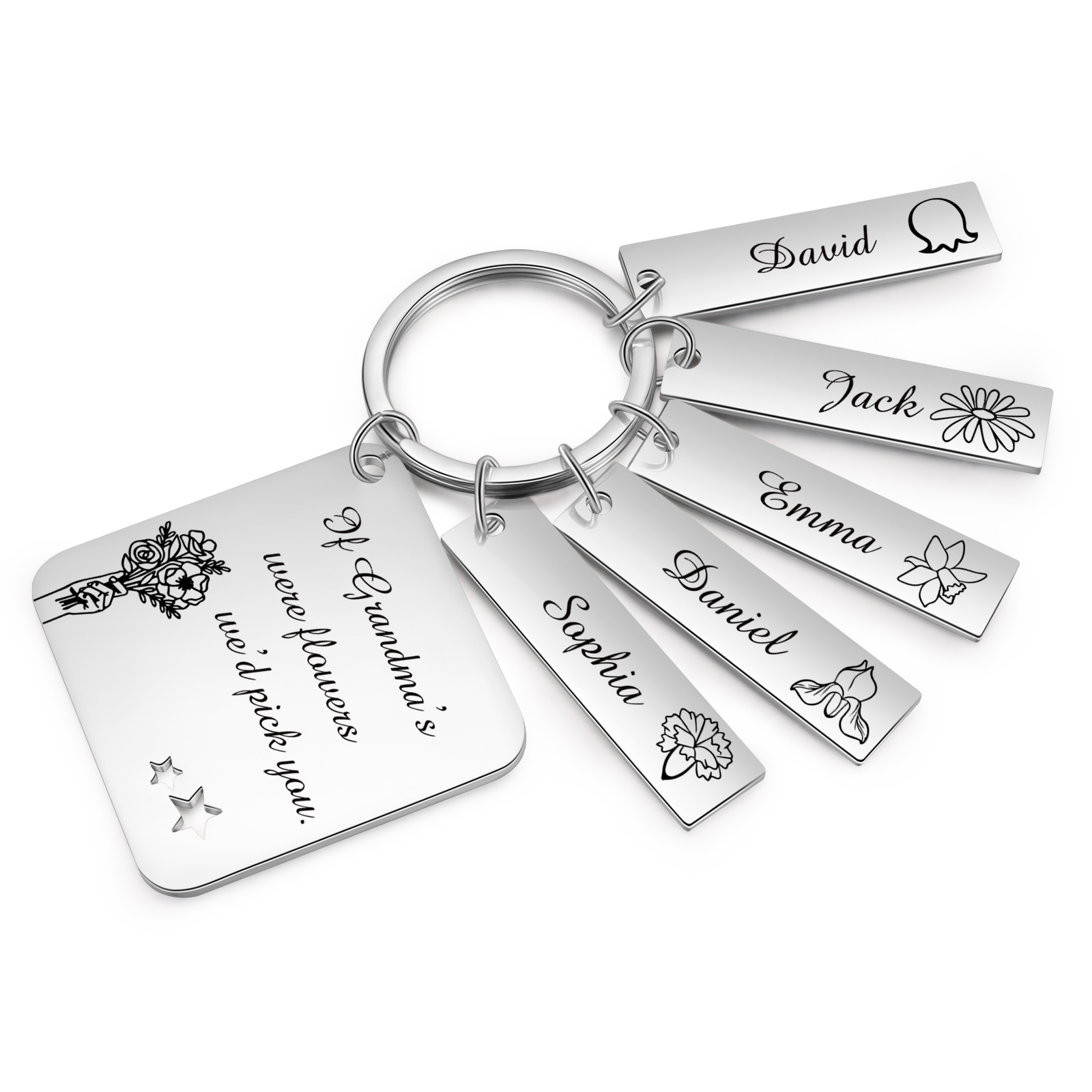 Personalised 5 Names & 5 Birth Flowers Keychain Custom Text Family Keychain Gifts for Mother/Grandma-Jessemade AU