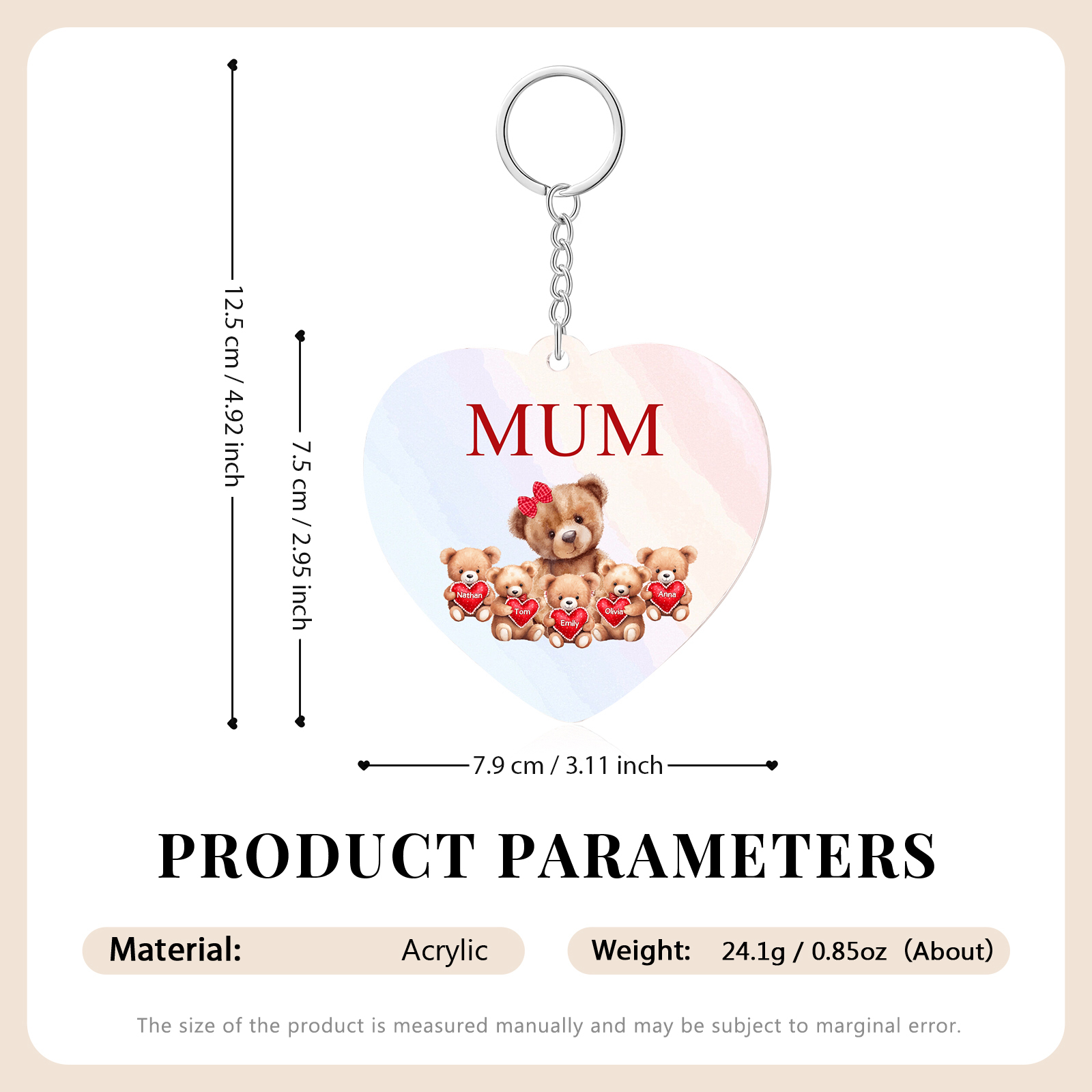 5 Names - Personalised Acrylic Keychain Custom 1 Text Teddy Bears Family Hanging Ornaments Gift for Mum/Grandma-Jessemade AU
