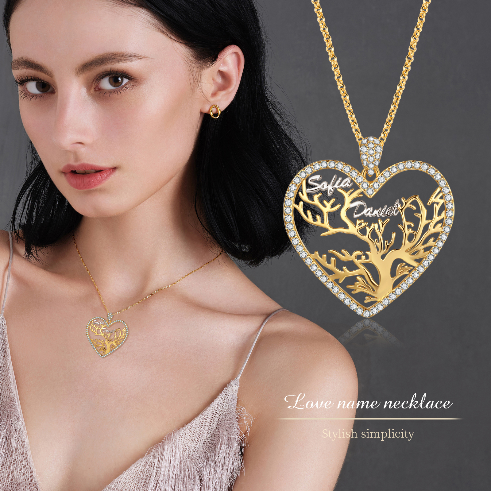 Personalised Family Tree Necklace Custom 2 Names Heart Necklace Gift For Mother-Jessemade AU