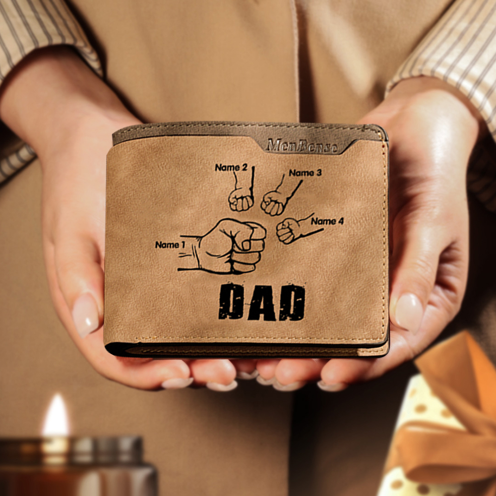 4 Names - Personalised Men Leather Wallet Custom Photo & Text & Name Folding Wallet Fist Bump Wallet Gift for Dad-Jessemade AU