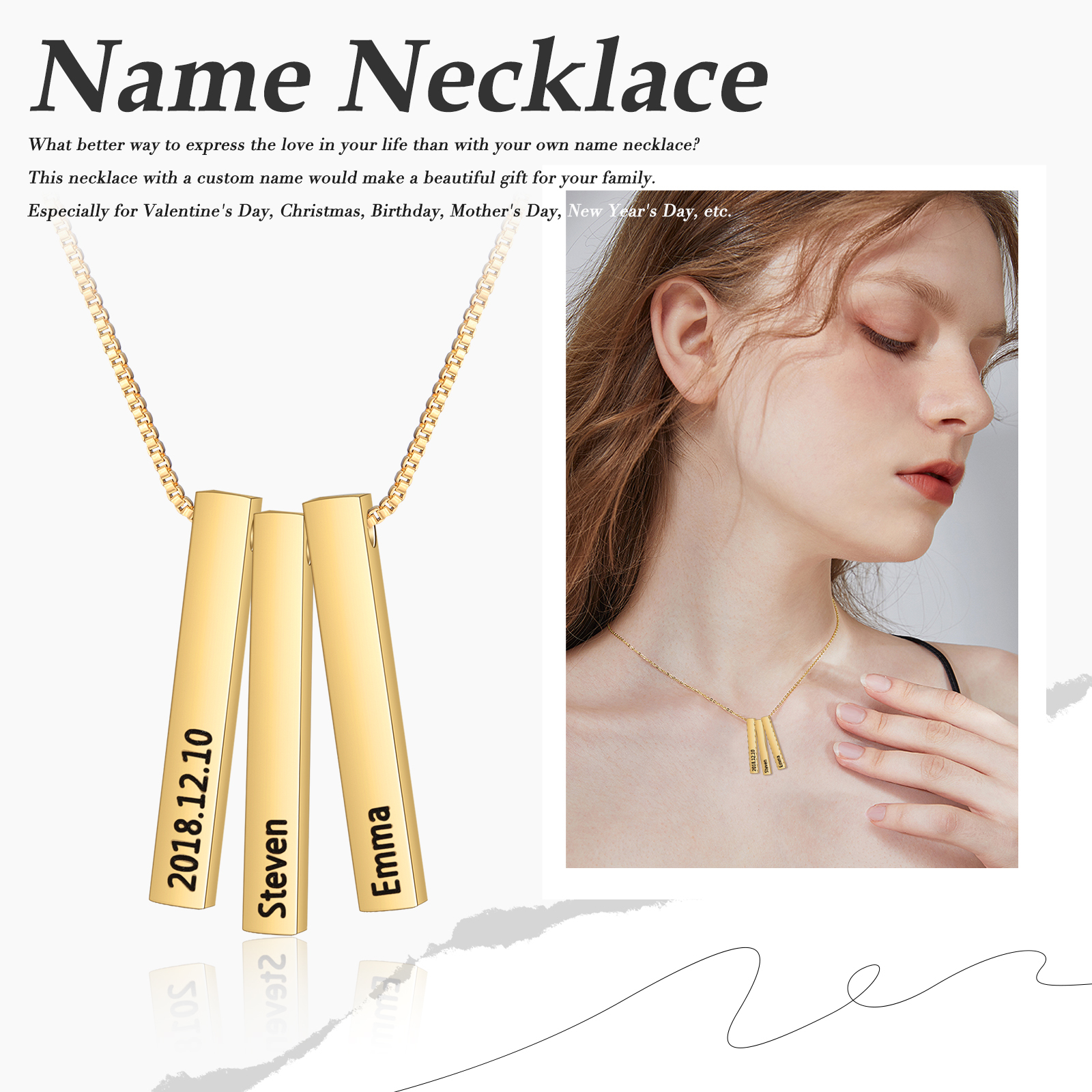 Vertical Bar Necklace Personalised 3 Names 3D Bar Necklace-Jessemade AU