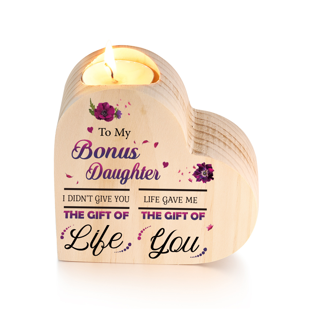 To My Bonus Daughter Violet Flower Heart Candle Holder "Life Gave Me The Gift of You" Wooden Candlestick-Jessemade AU