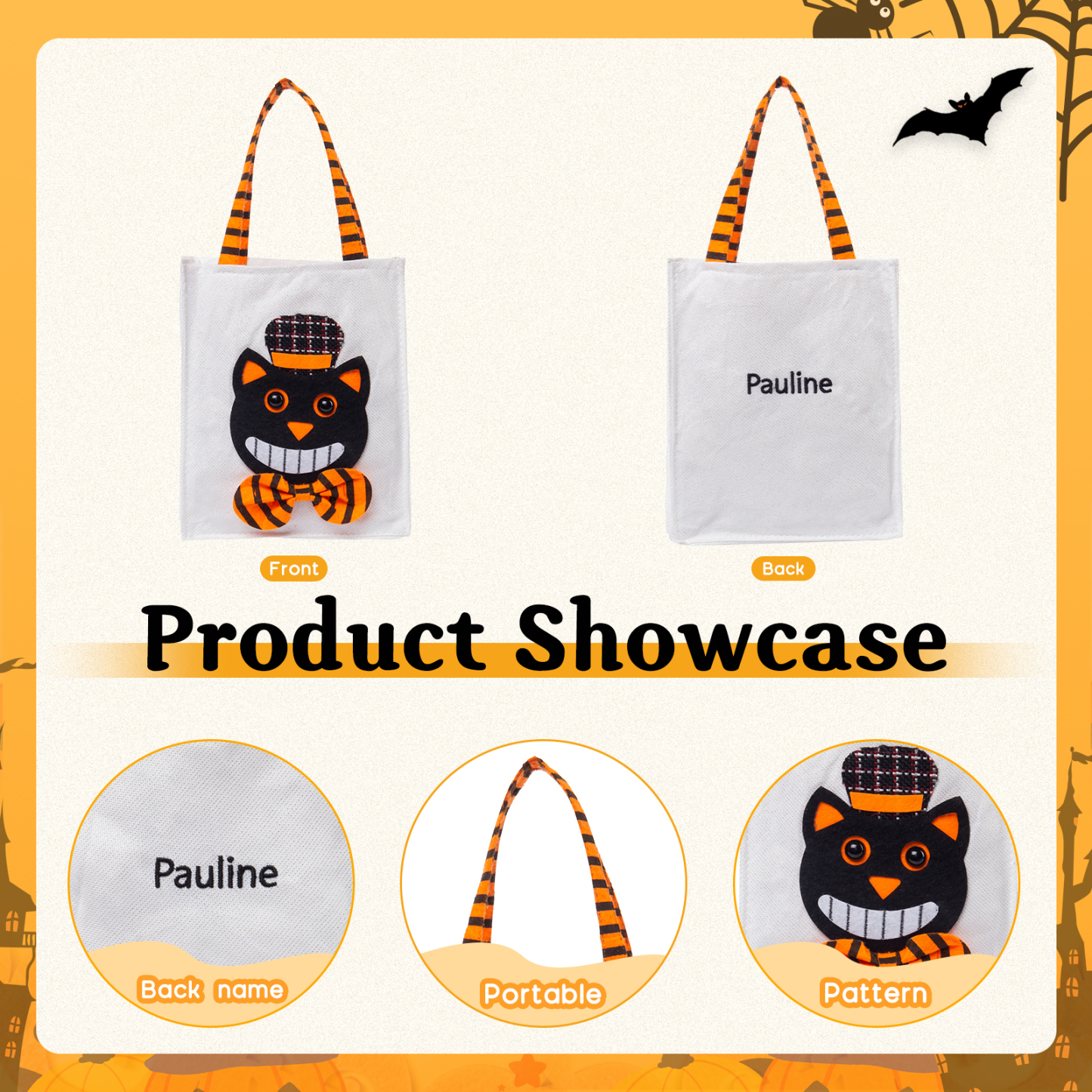 Personalised Halloween Tote Bags Custom 1 Name Halloween Trick or Treat Candy Bags-Jessemade AU