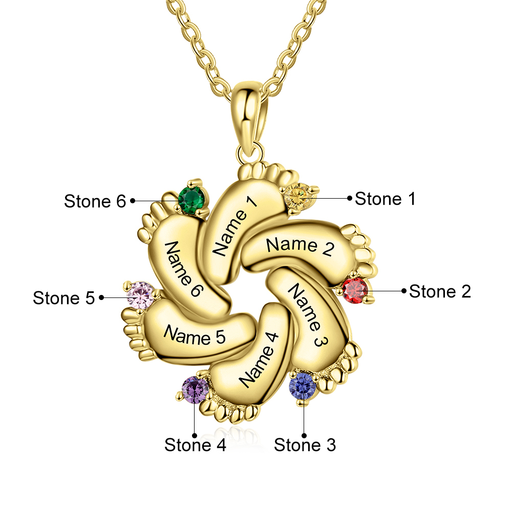 Personalised Baby Feet Necklace With 6 Birthstones Engraved Names Gift For Mother-Jessemade AU