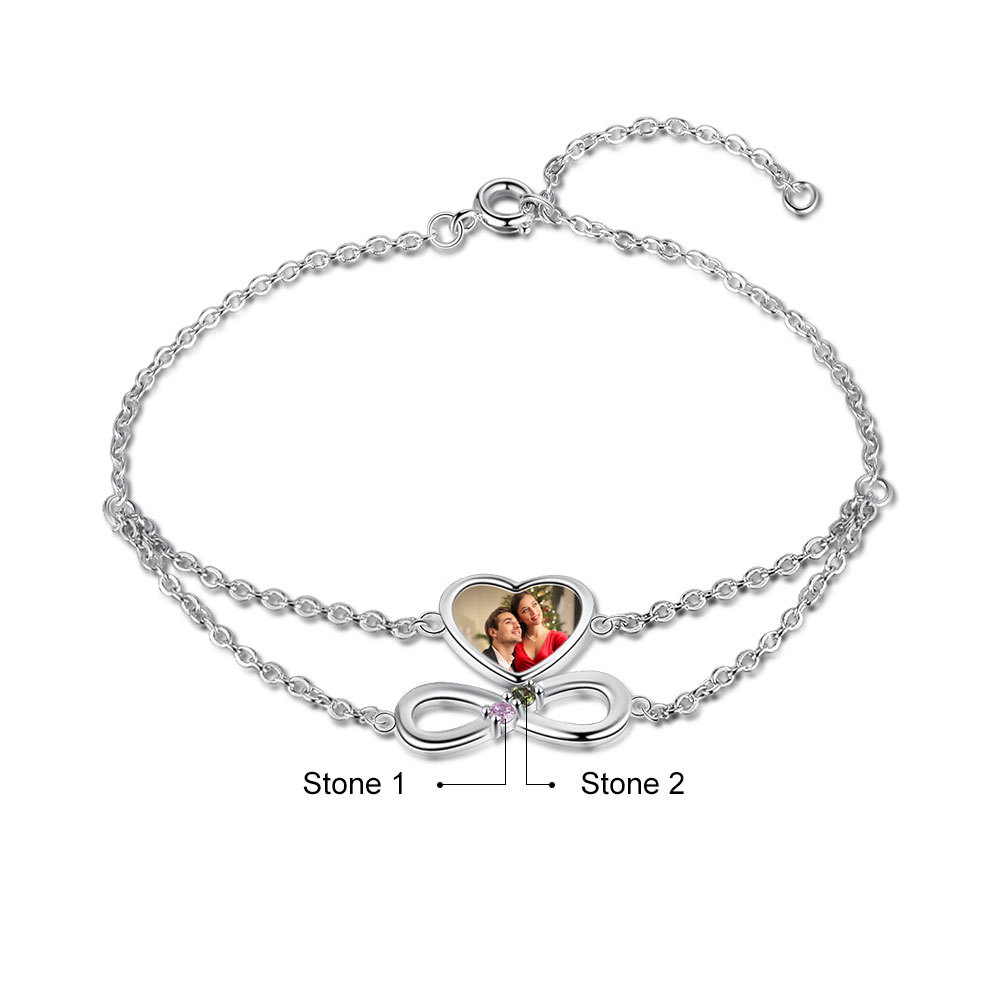 Personalised Heart Photo Bracelet With 2 Birthstones Custom Photo Bracelet Gifts For Her-Jessemade AU