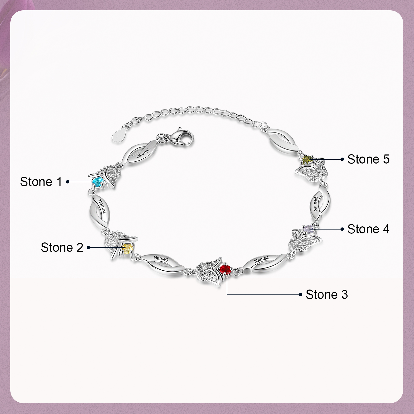 Flowers Series Personalised Tulip Bracelet With 5 Birthstone Engraved Names Flowers Charm Gifts For Her-Jessemade AU