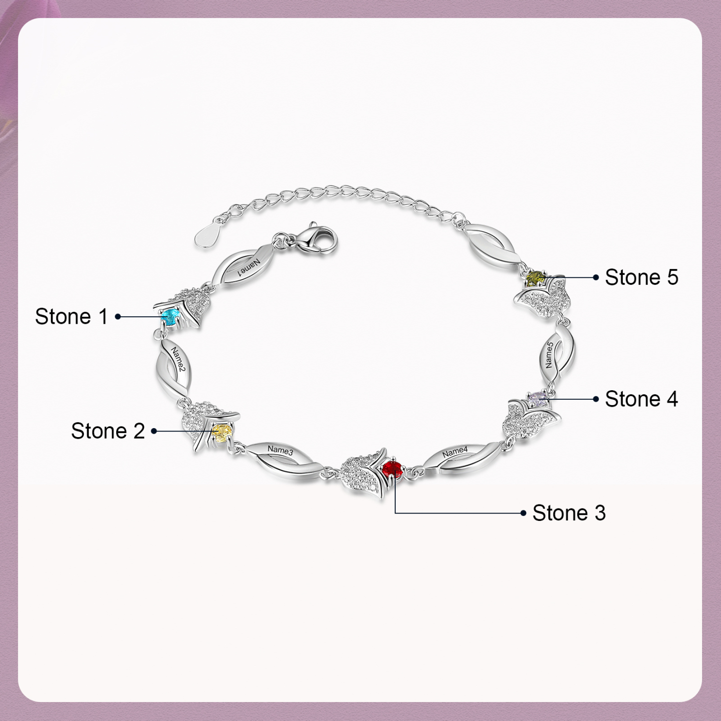 Flowers Series Personalised Tulip Bracelet With 5 Birthstone Engraved Names Flowers Charm Gifts For Her-Jessemade AU