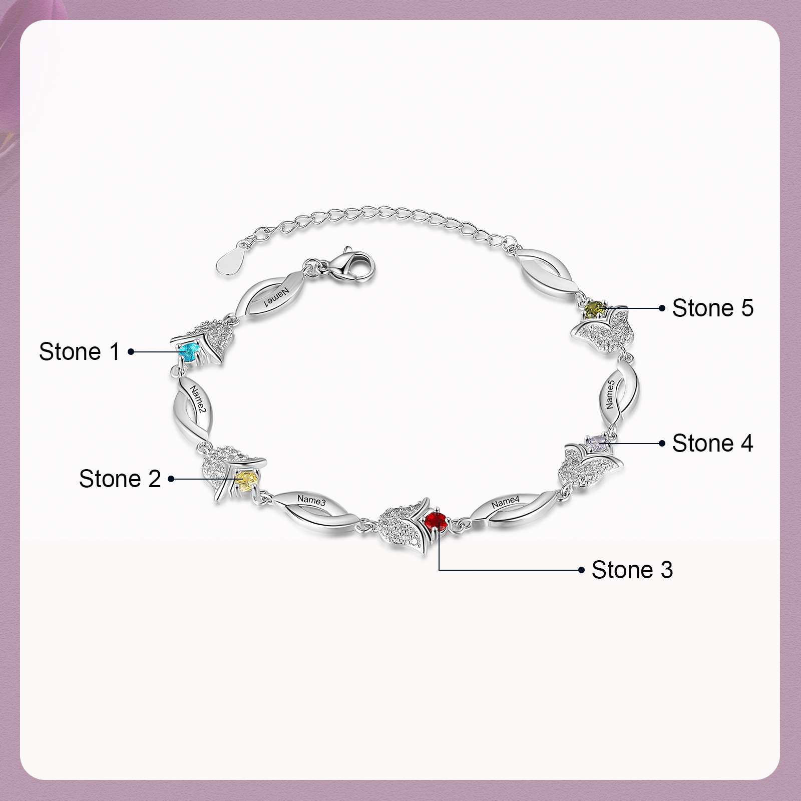 Flowers Series Personalised Tulip Bracelet With 5 Birthstone Engraved Names Flowers Charm Gifts For Her-Jessemade AU