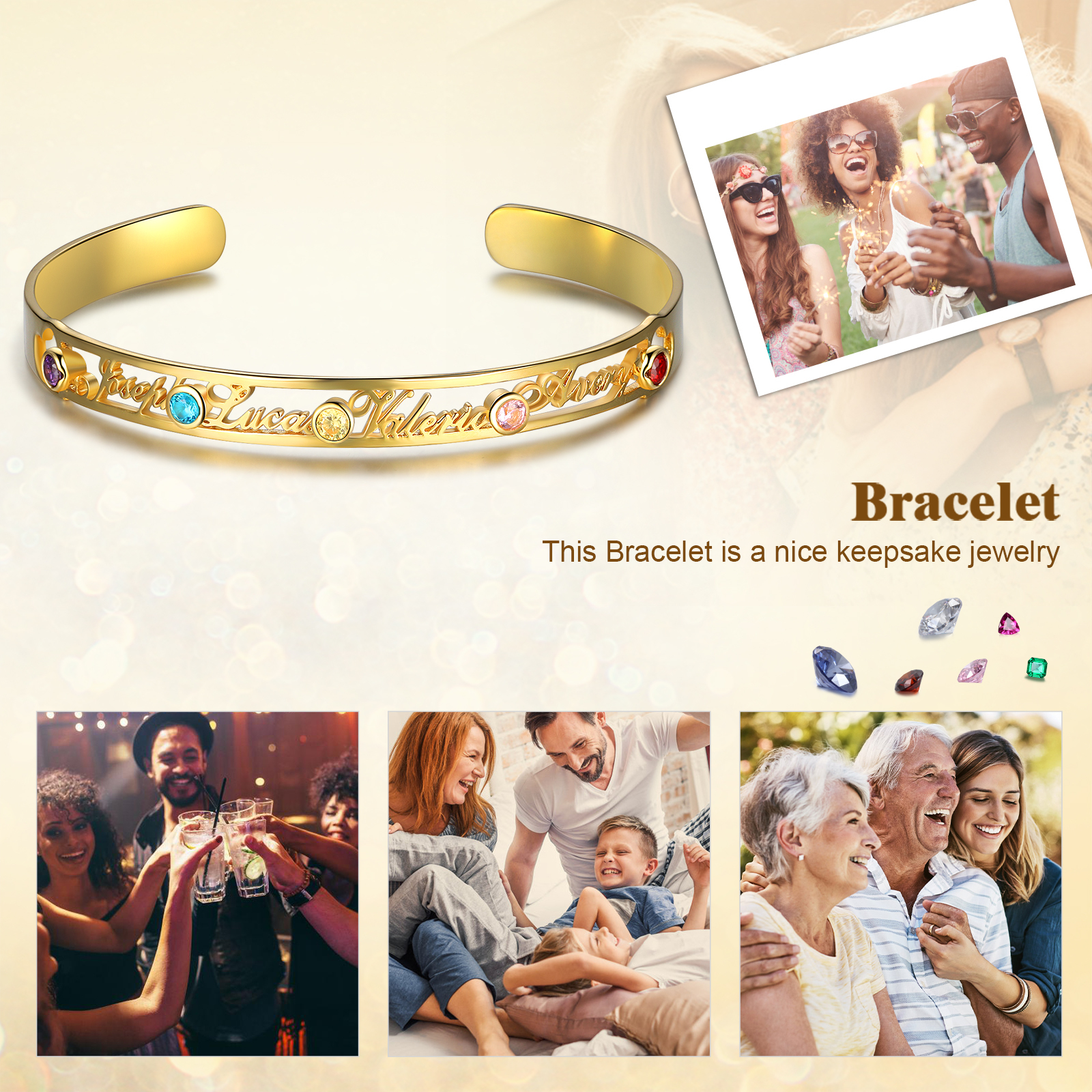 Personalised Adjustable Half-Open Bracelet With Birthstone Custom Family Name Bracelet Engraved 4 Names Women's Bracelet-Jessemade AU