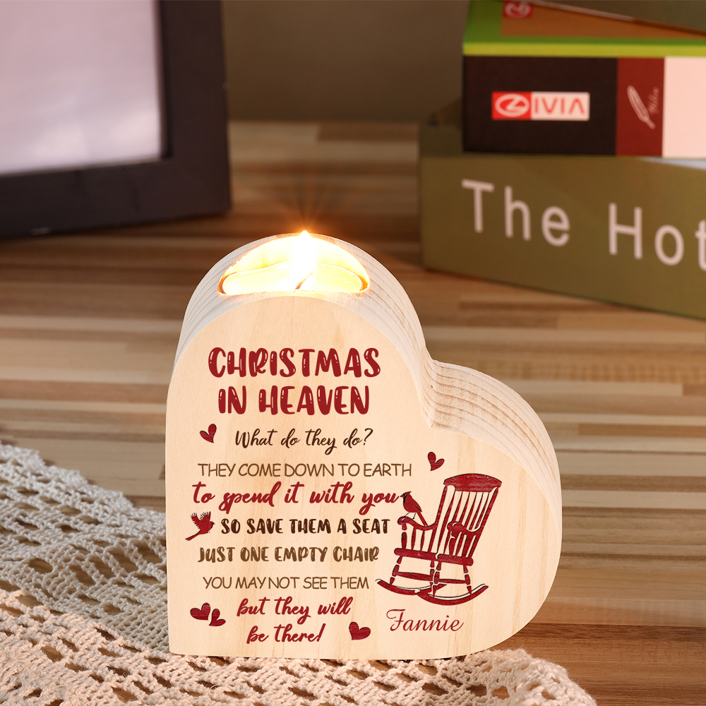 Personalised Wooden Candle Holder Heart-shaped Memorial Candlesticks Customised Name Chair Candle Holder - Christmas In Heaven-Jessemade AU