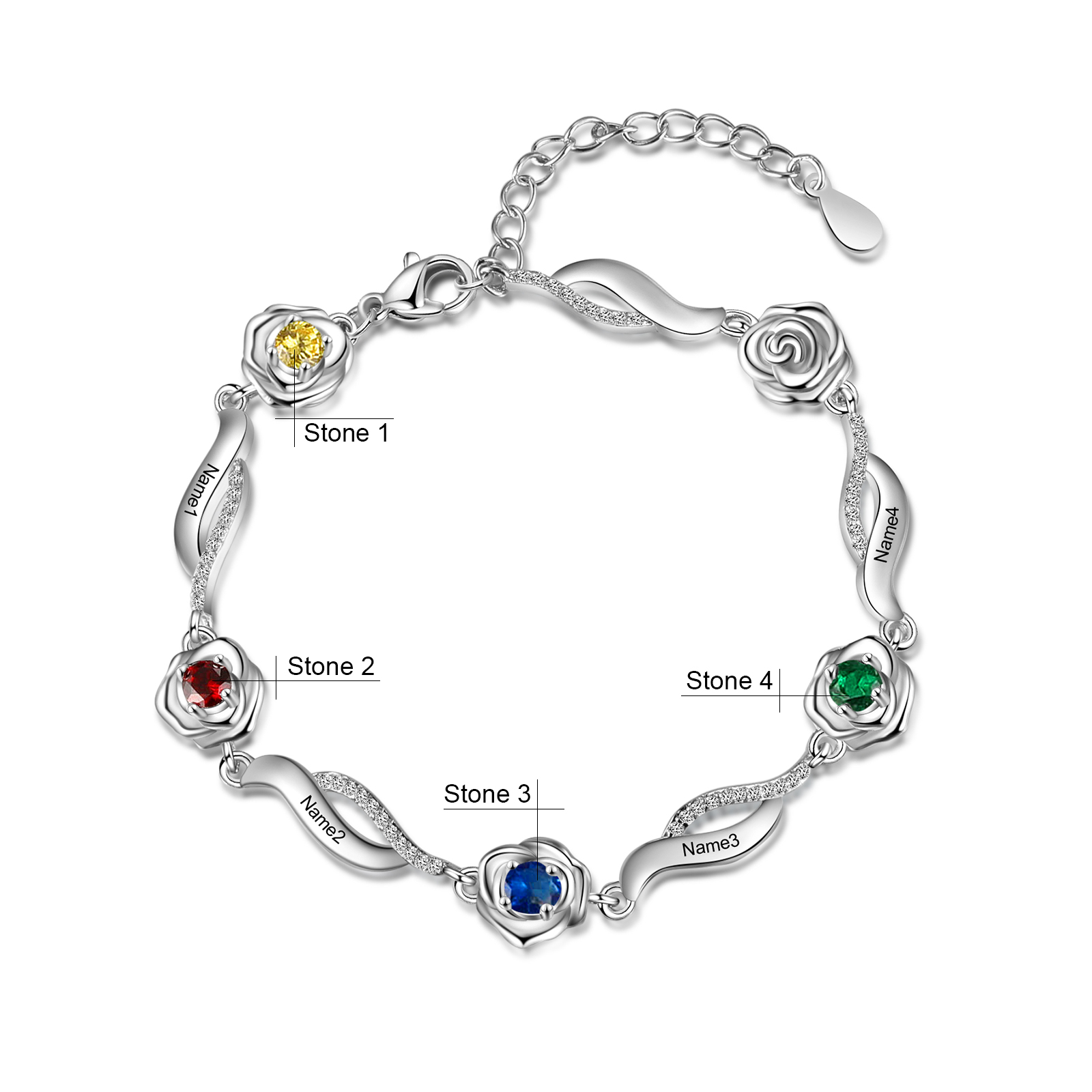 Personalised Rose Bracelet With 4 Birthstones Custom Names Bracelet Gift For Women-Jessemade AU