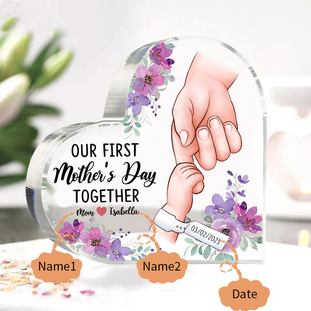 Our First Mother's Day Together - Personalised Date Acrylic Heart Keepsake Holding Hands Custom 2 Names Ornaments-Jessemade AU