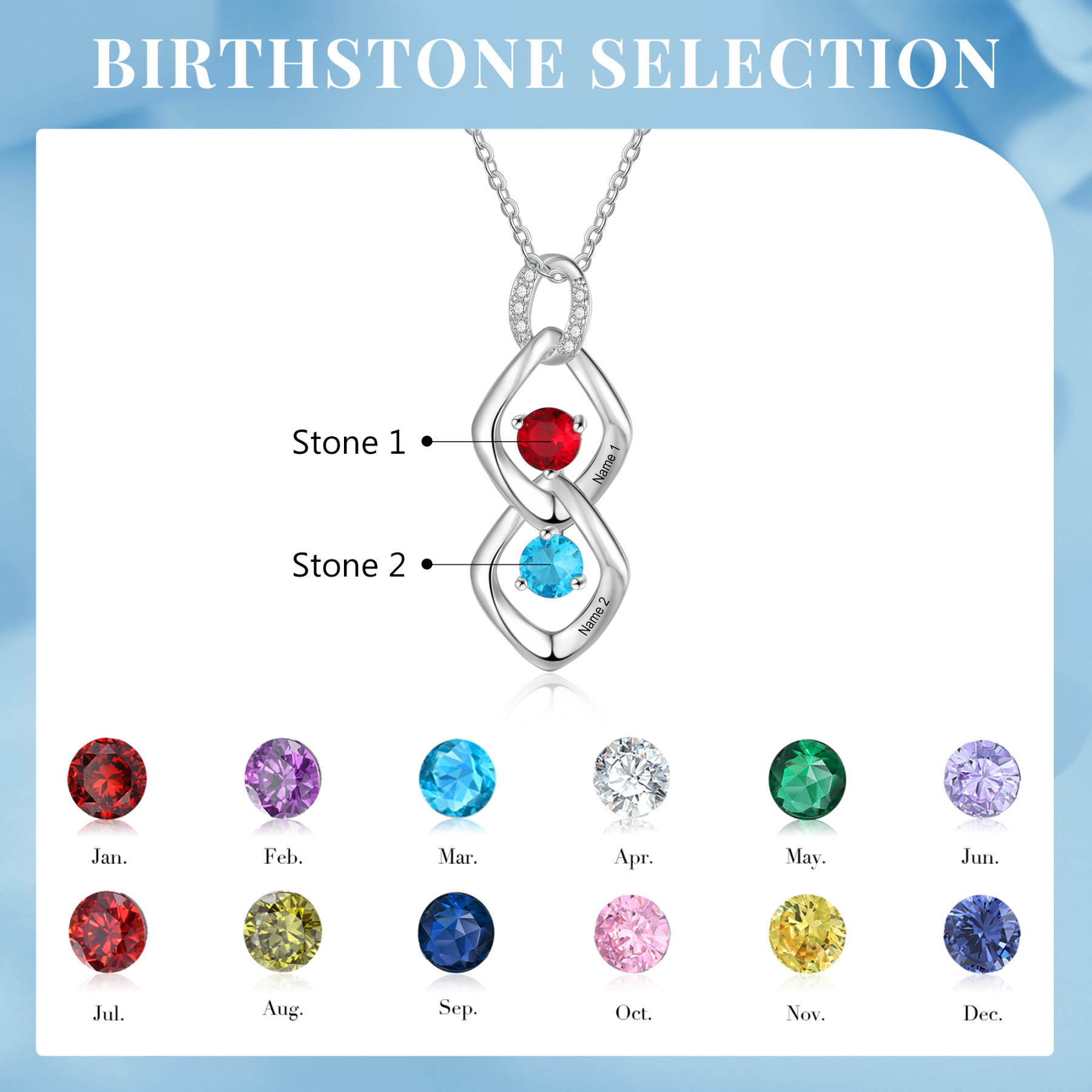 Personalised Pendant Necklace Custom 2 Birthstones Engraved 2 Names Necklace Gift for Women-Jessemade AU