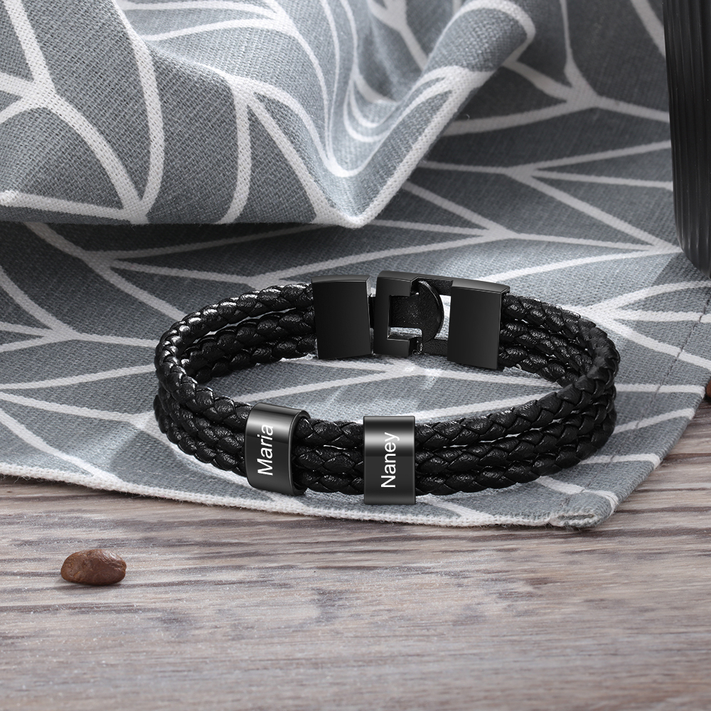 Personalised Braided Leather Bracelet Engraved 3 Names Men's Bracelet Gifts For Him-Jessemade AU