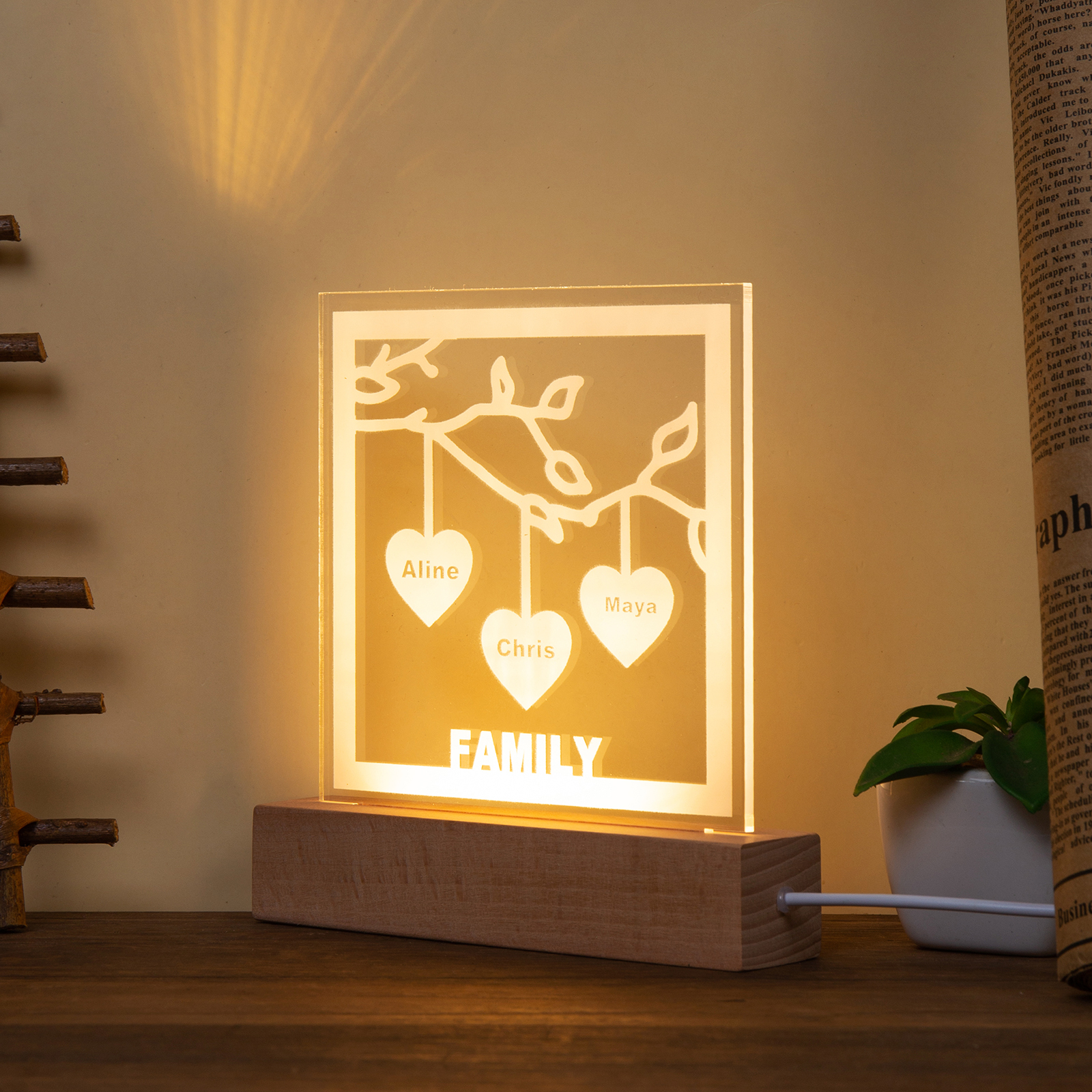 Personalised Family Tree Night Light LED Sign Engraved 3 Names Plaque USB Power Lamp-Jessemade AU