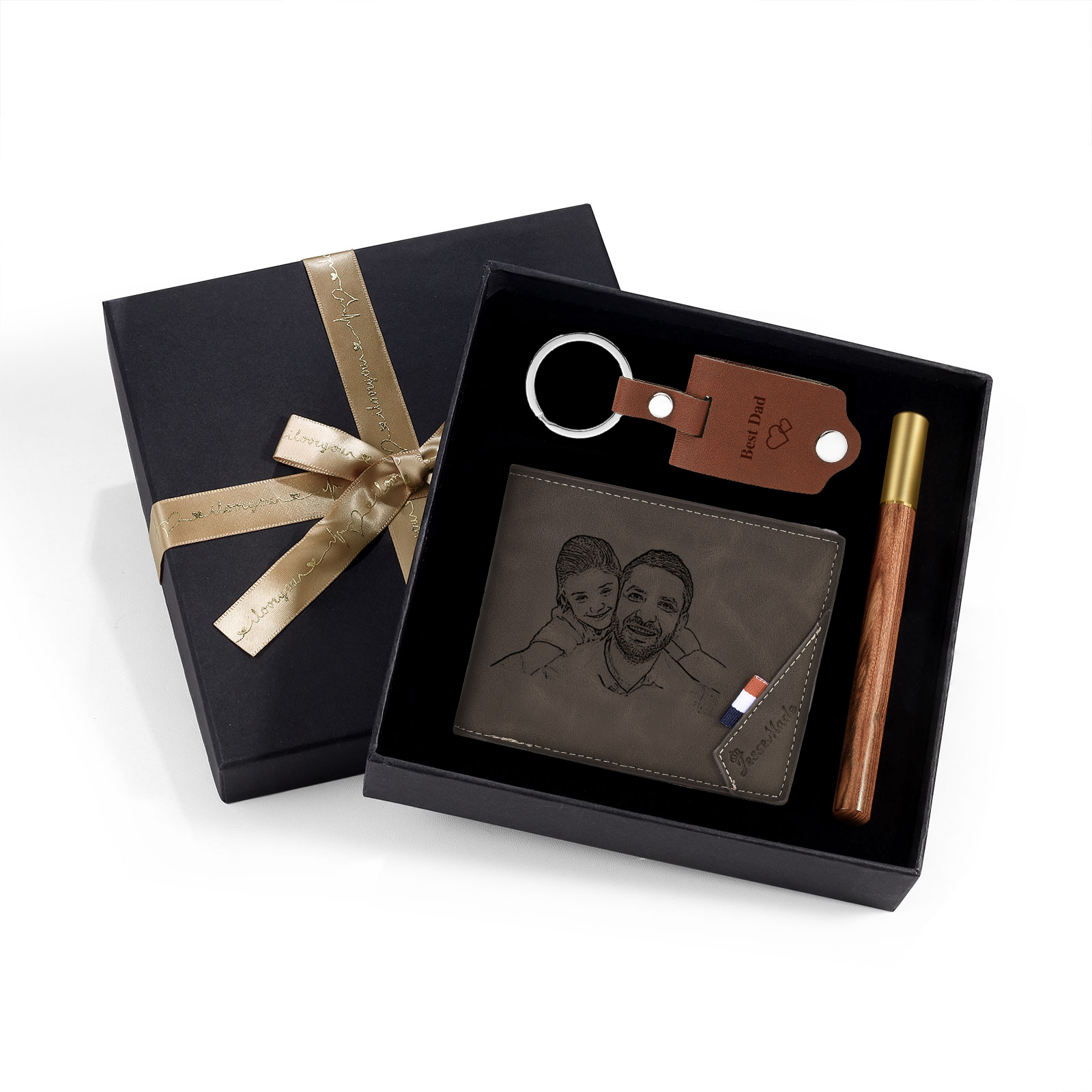 Personalised 2 Texts & 2 Photos & 1 Name & 1 Letter Gift Set Custom Wallet & Keychain & Pen Gift Box Set Gift for Father/Grandpa-Jessemade AU
