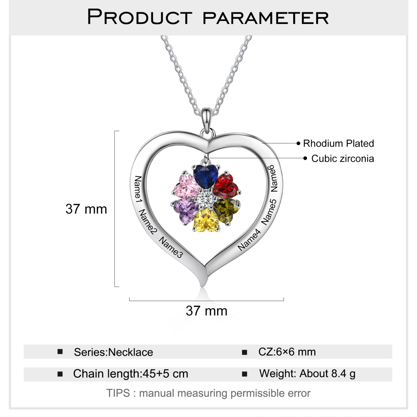 Personalised Heart Pendant Necklace with 6 Birthstones Engraved Names Family Necklace Gifts for Her-Jessemade AU