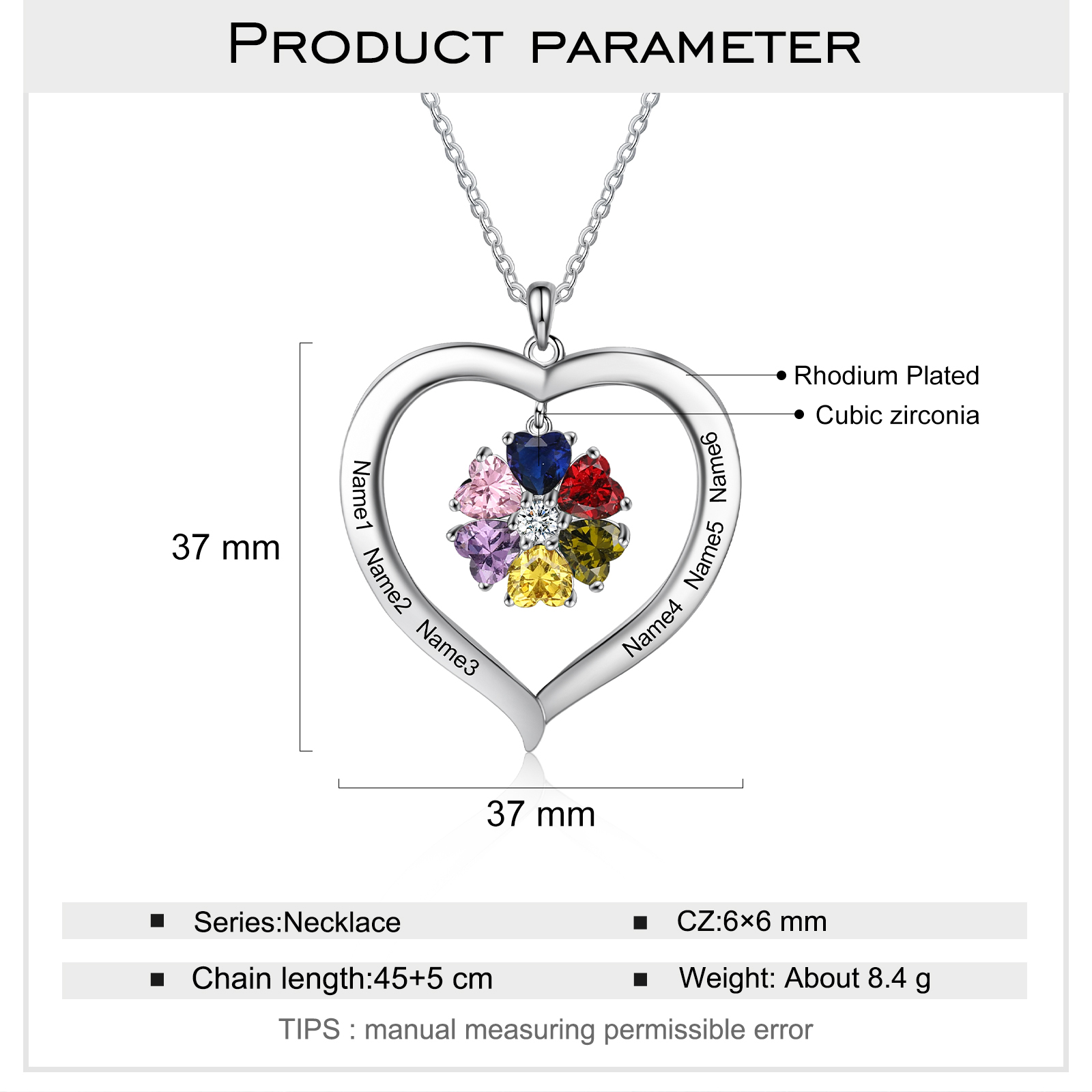 Personalised Heart Pendant Necklace with 6 Birthstones Engraved Names Family Necklace Gifts for Her-Jessemade AU