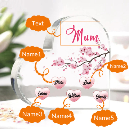 5 Names - Personalised Acrylic Heart Keepsake Custom Text Peach Blossom Ornaments Gifts for Grandma/Mother-Jessemade AU