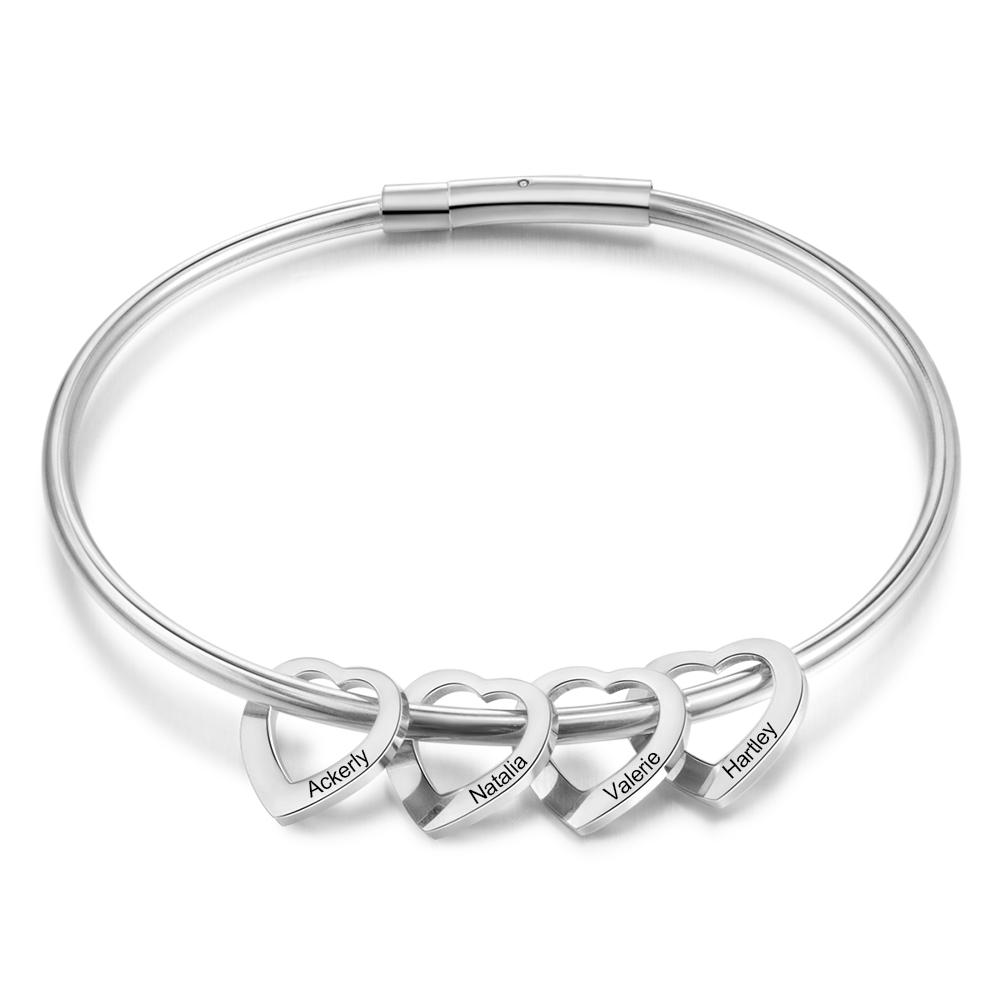 Personalised Love Bangle Bracelet with 4 Heart Charms Engraved 4 Names Bracelet for Her