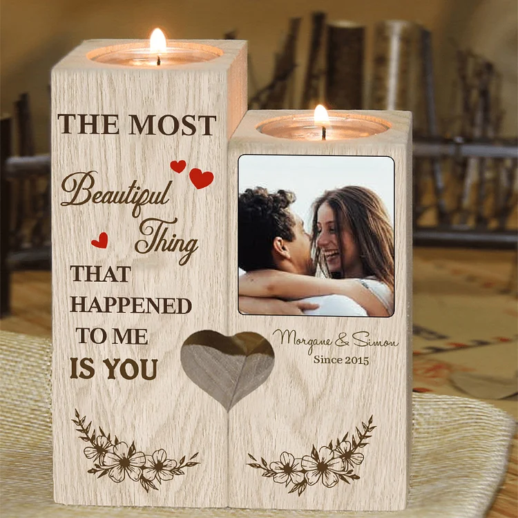 Personalised Couple Heart Candle Holder Engrave Photo Wooden Candlesticks Valentines Gift