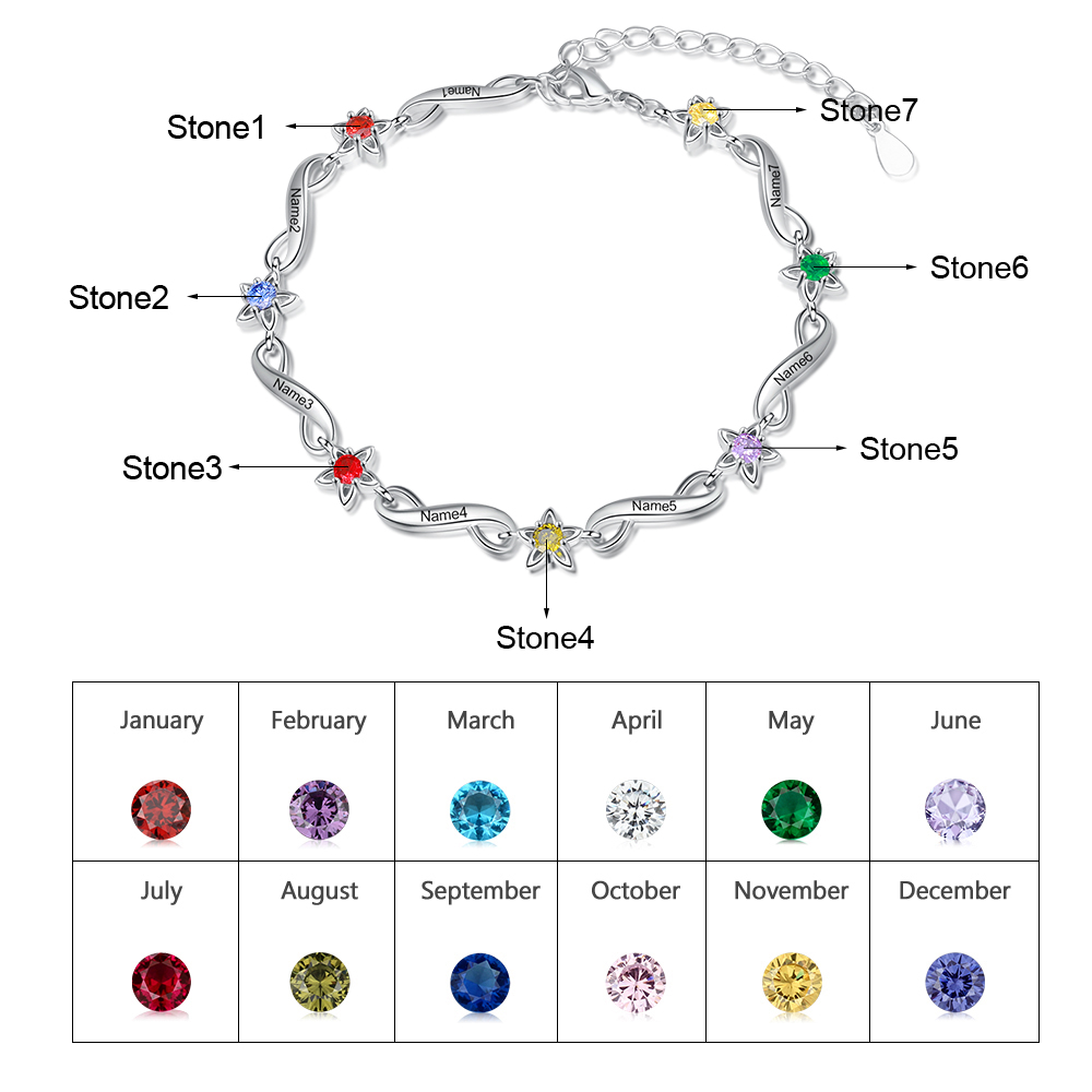 Personalised Star Bracelet With 7 Birthstones Engraved Names Bracelet Gift For Women-Jessemade AU