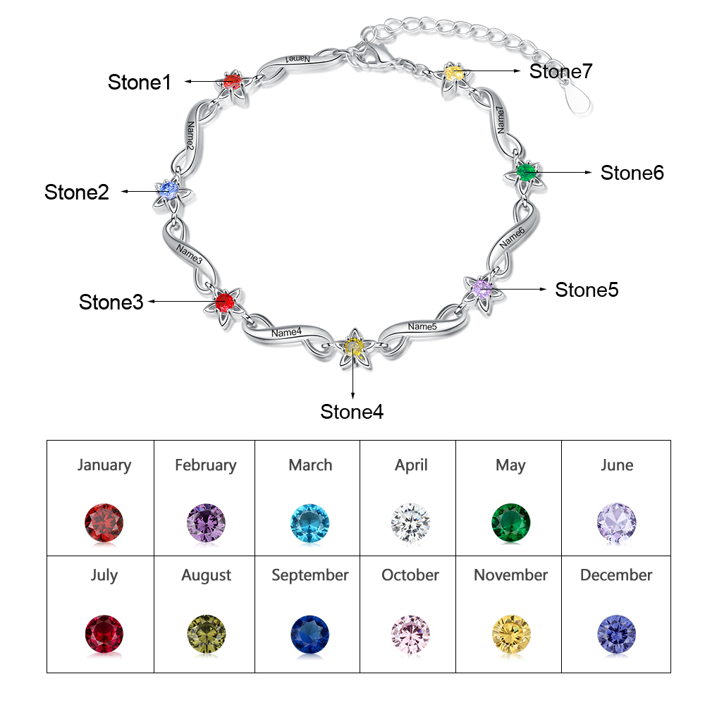 Personalised Star Bracelet With 7 Birthstones Engraved Names Bracelet Gift For Women-Jessemade AU