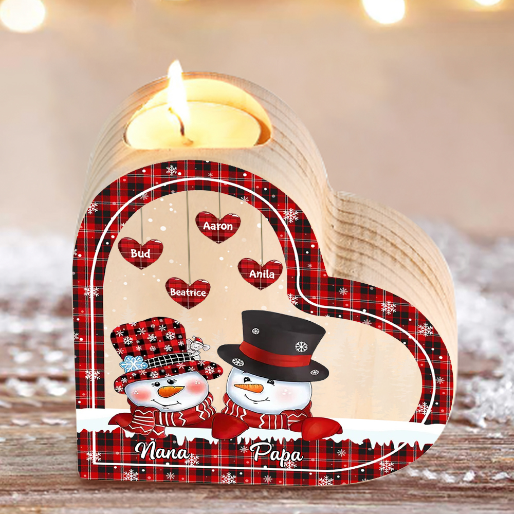 Heart-Shaped Christmas Candle Holder Engraved 6 Names Snowman Candlesticks Personalised Gift for Family-Jessemade AU