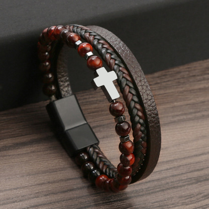 Natural Stone Stainless Steel Tiger Eye Stone Men's Cross Bracelet with Magnetic Clasp-Jessemade AU