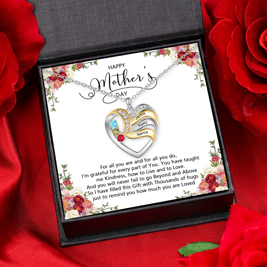 3 Names - Personalised Heart Necklace Custom Birthstones & Names Family Necklace Mother's Day Gifts-Jessemade AU