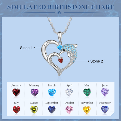 Personalised Heart Dolphin Necklace With 2 Birthstones Engraved Names Gift For Her-Jessemade AU