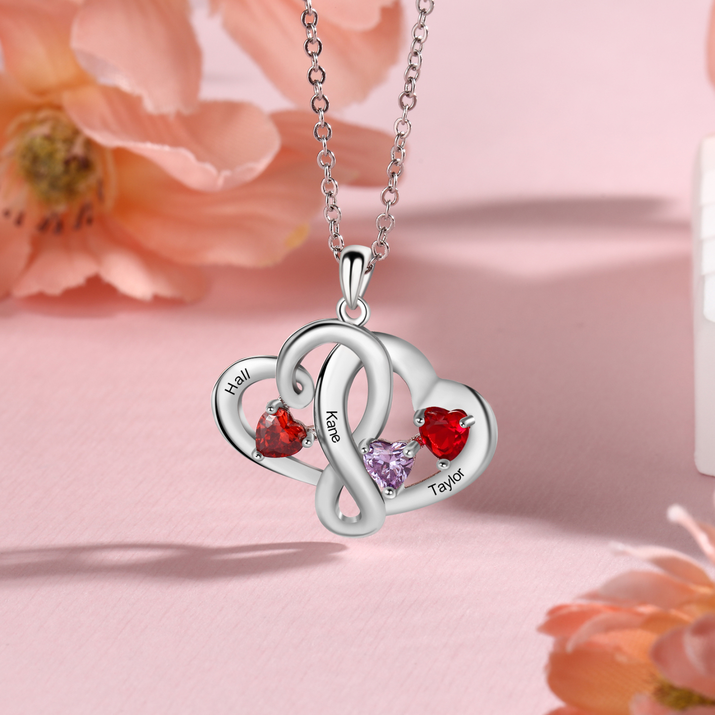 Personalised Double Hearts Birthstone Necklace With Engraving 3 Names For Lover-Jessemade AU