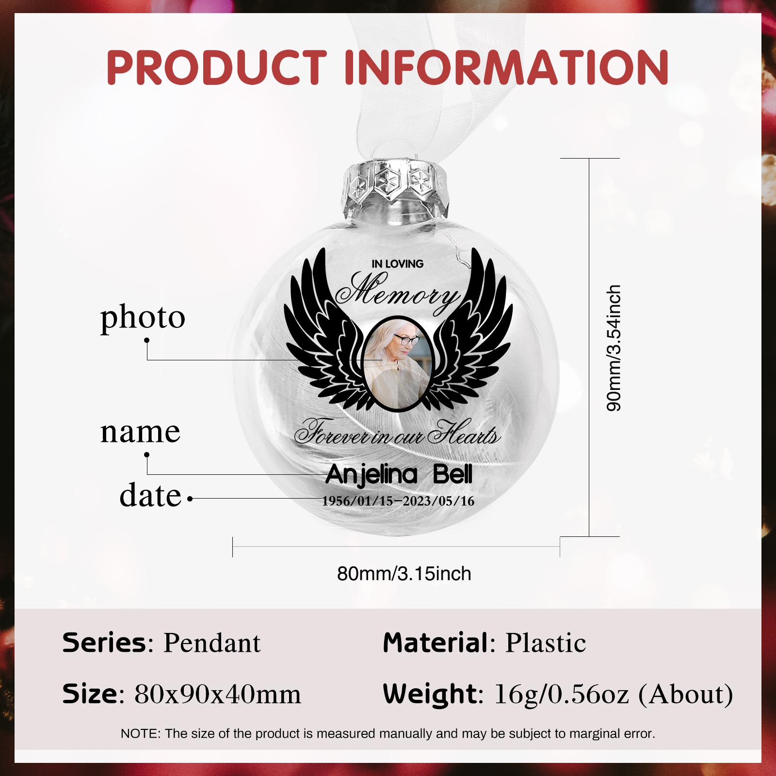 Memorial Ball Feather Ornaments Custom Name & Date & Photo Christmas Ornament Commemorate Deceased Loved Ones - Forever In Our Hearts-Jessemade AU