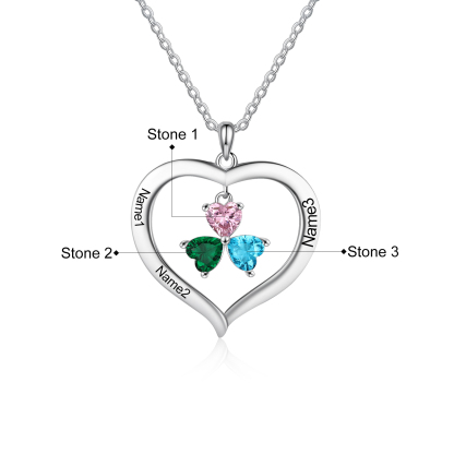 Personalised Heart Pendant Necklace with 3 Birthstones Engraved Names Family Necklace Gifts for Her-Jessemade AU