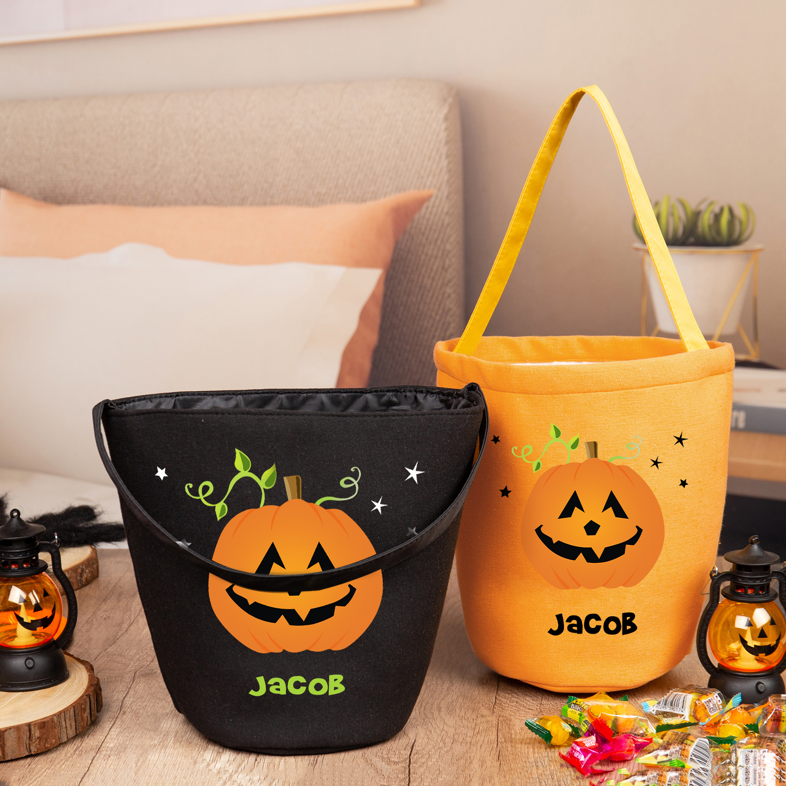1 Name - Personalised Halloween Tote Bags Bucket Bag Halloween Trick or Treat Candy Bags for Children-Jessemade AU