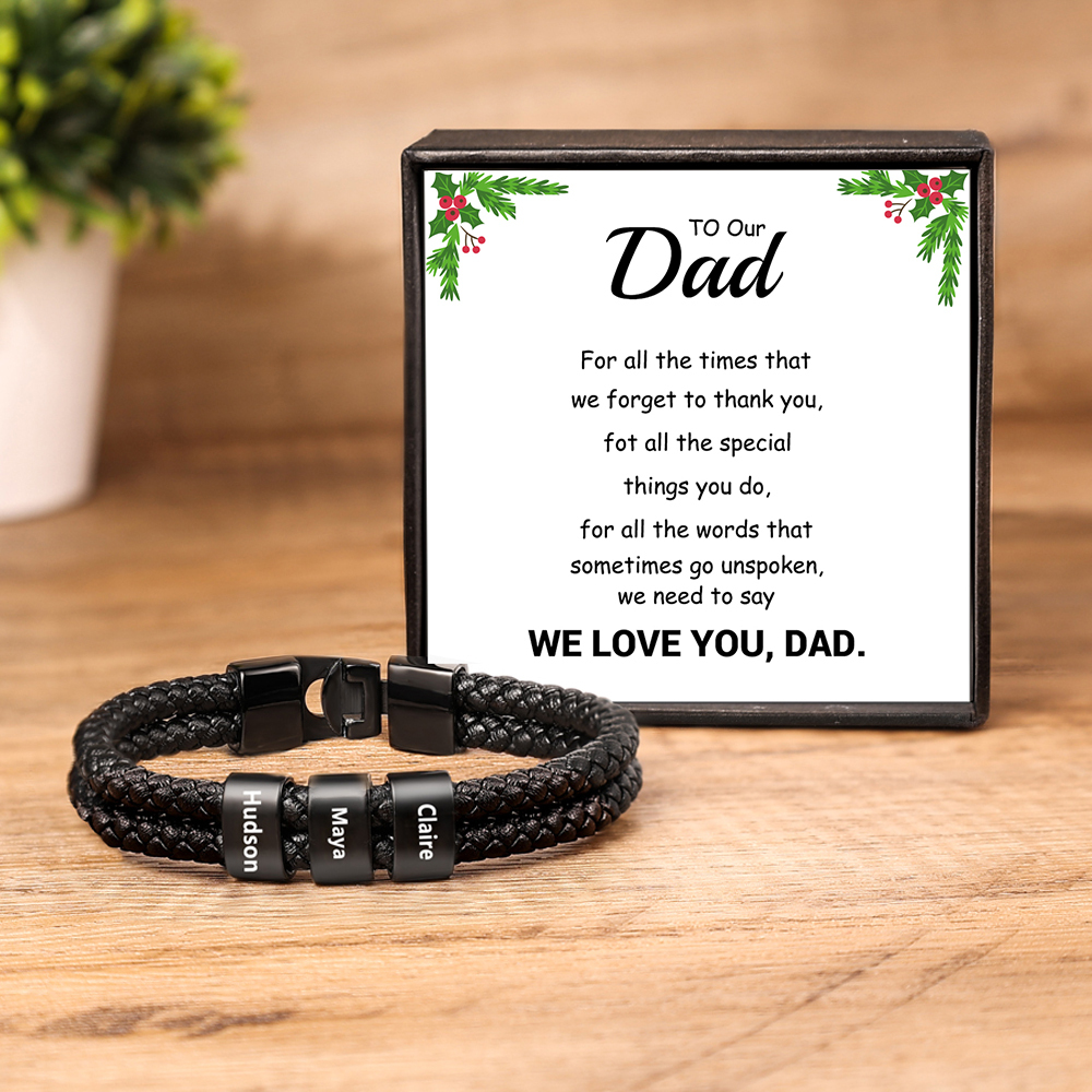 Personalised Braided Leather Bracelet Engraved 3 Names Men's Bracelet for Him-Jessemade AU