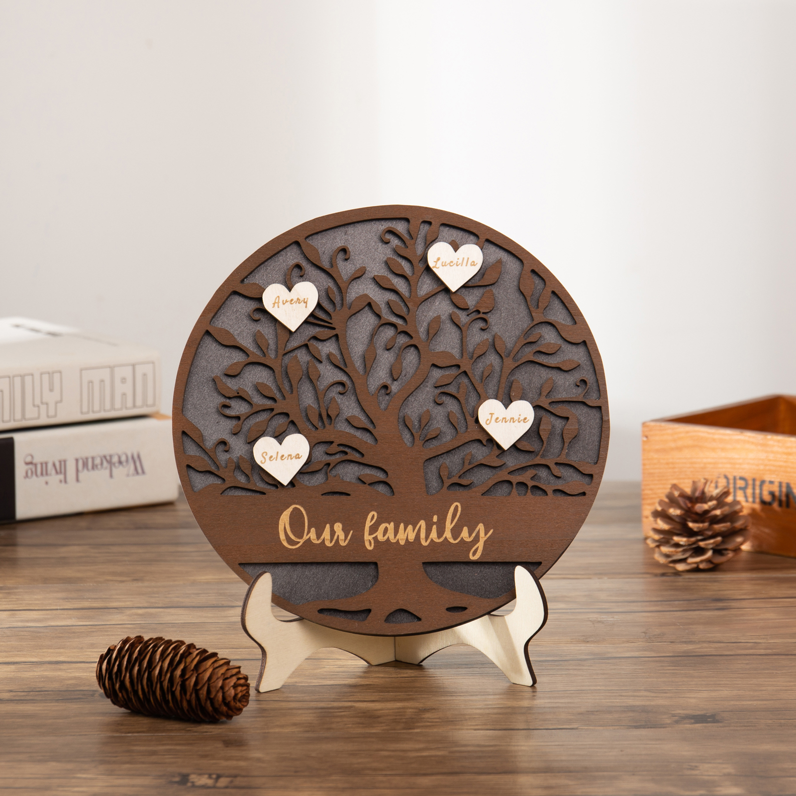 Wooden Family Tree Sign Engrave 4 Names Keepsake Gifts-Jessemade AU