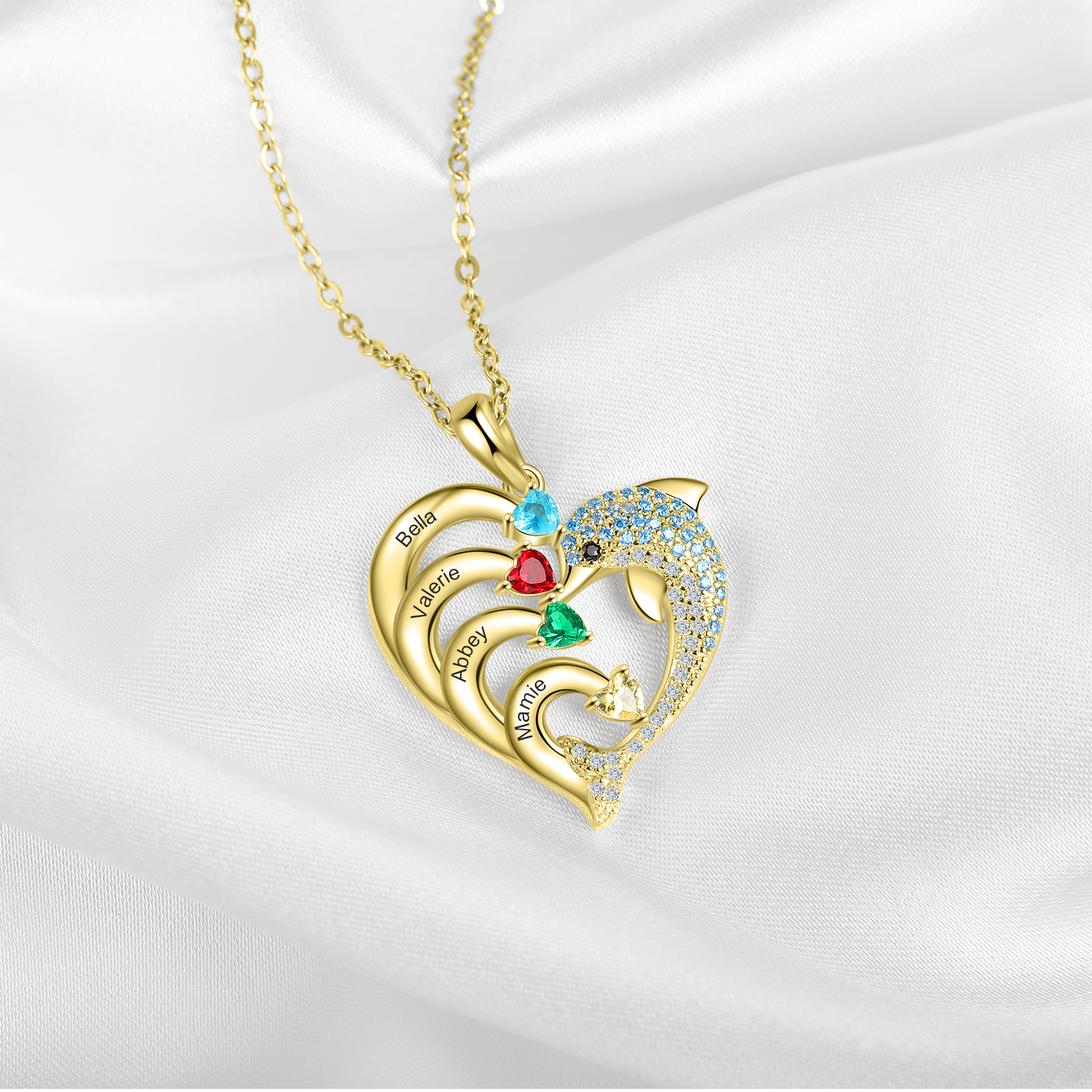 Personalised Heart Dolphin Necklace With 4 Birthstones Engraved Names Gift For Mum-Jessemade AU