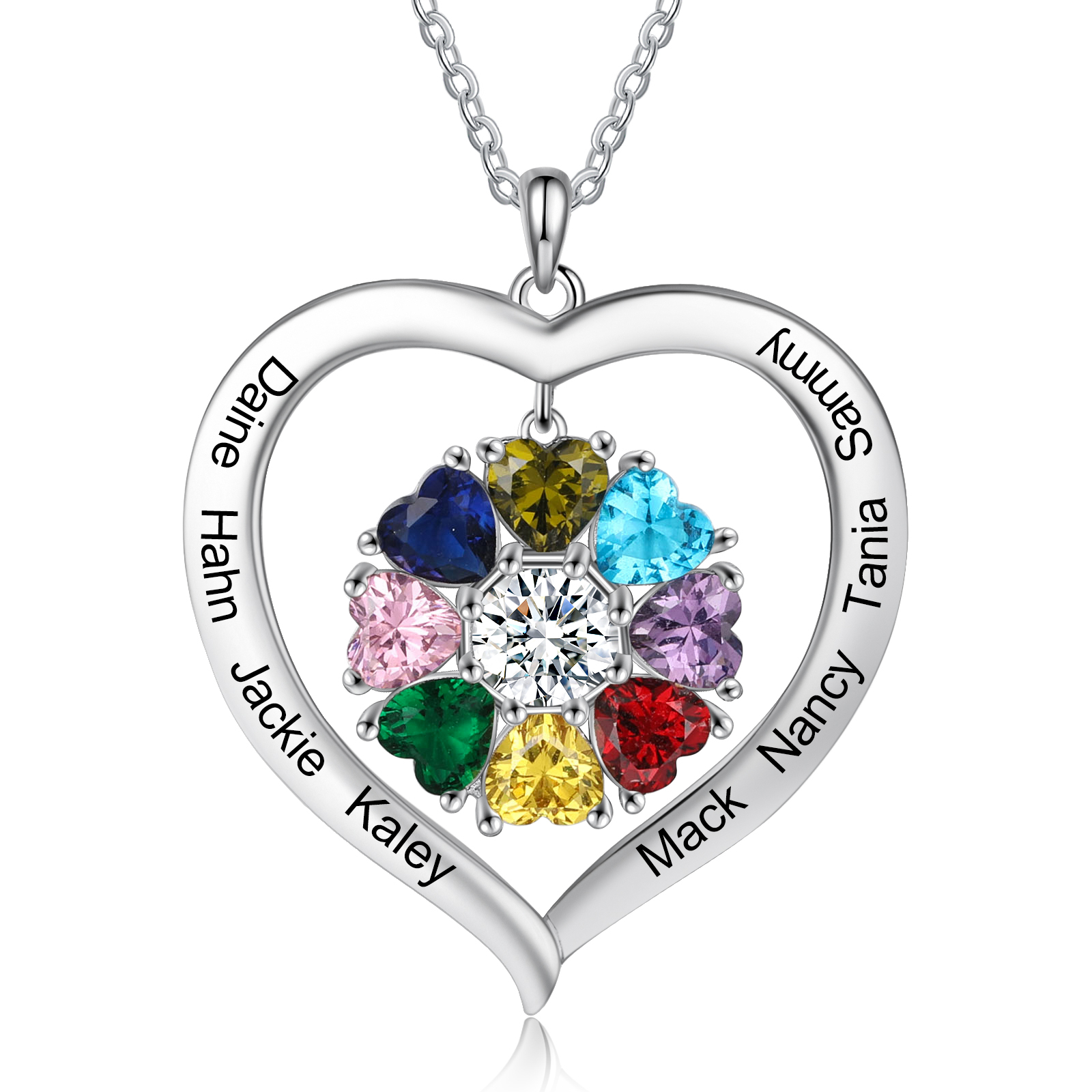 Personalised Heart Pendant Necklace with 8 Birthstones Engraved Names Family Necklace Gifts for Her-Jessemade AU