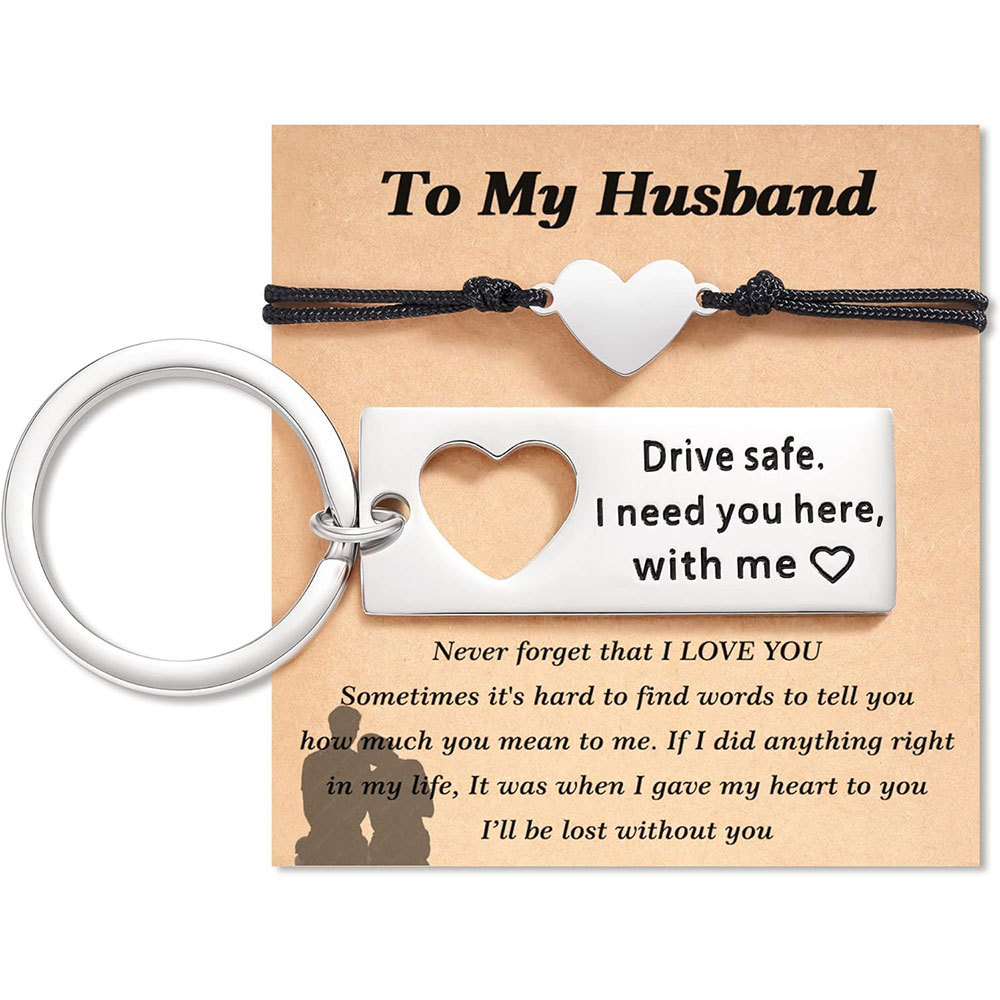 To My Husband Matching Keychain Bracelet Set Heart Keychain Adjustable Bracelet Gifts for Couple - Drive Safe I Need You Here With Me-Jessemade AU
