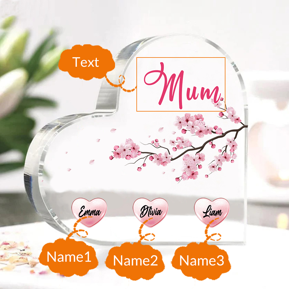3 Names - Personalised Acrylic Heart Keepsake Custom Text Peach Blossom Ornaments Gifts for Grandma/Mother-Jessemade AU