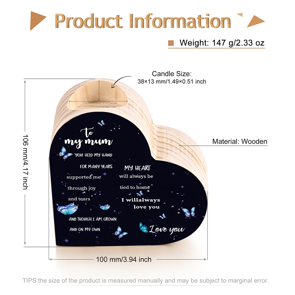 To My Mum - Wooden Heart Candle Holder Butterfly Candlesticks "My Heart Will Always Be Tied To Home" Gifts For Mother-Jessemade AU