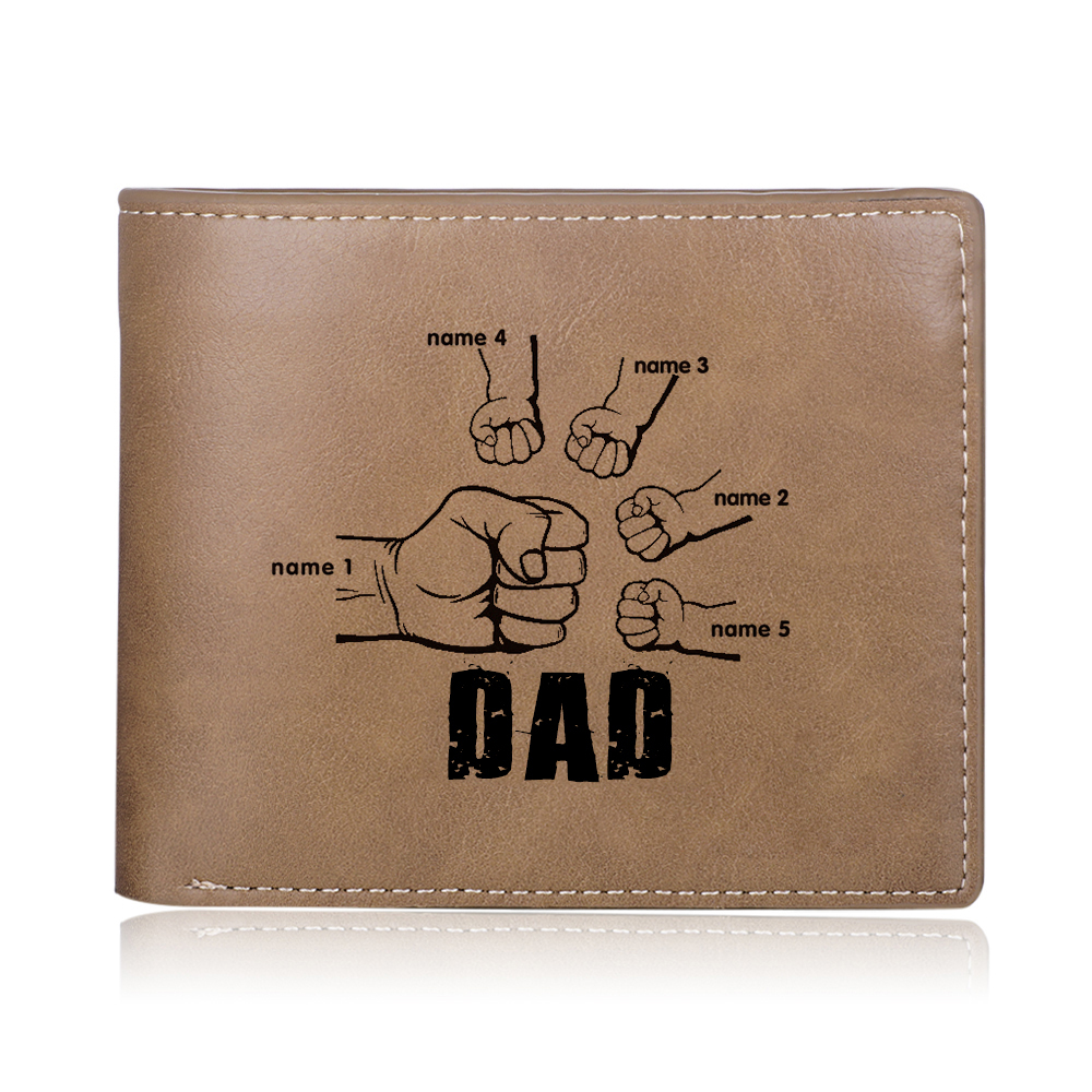 Personalised Leather Mens Wallet Engraved 5 Names Fist Bump Folding Wallet Father's Day Gifts-Jessemade AU