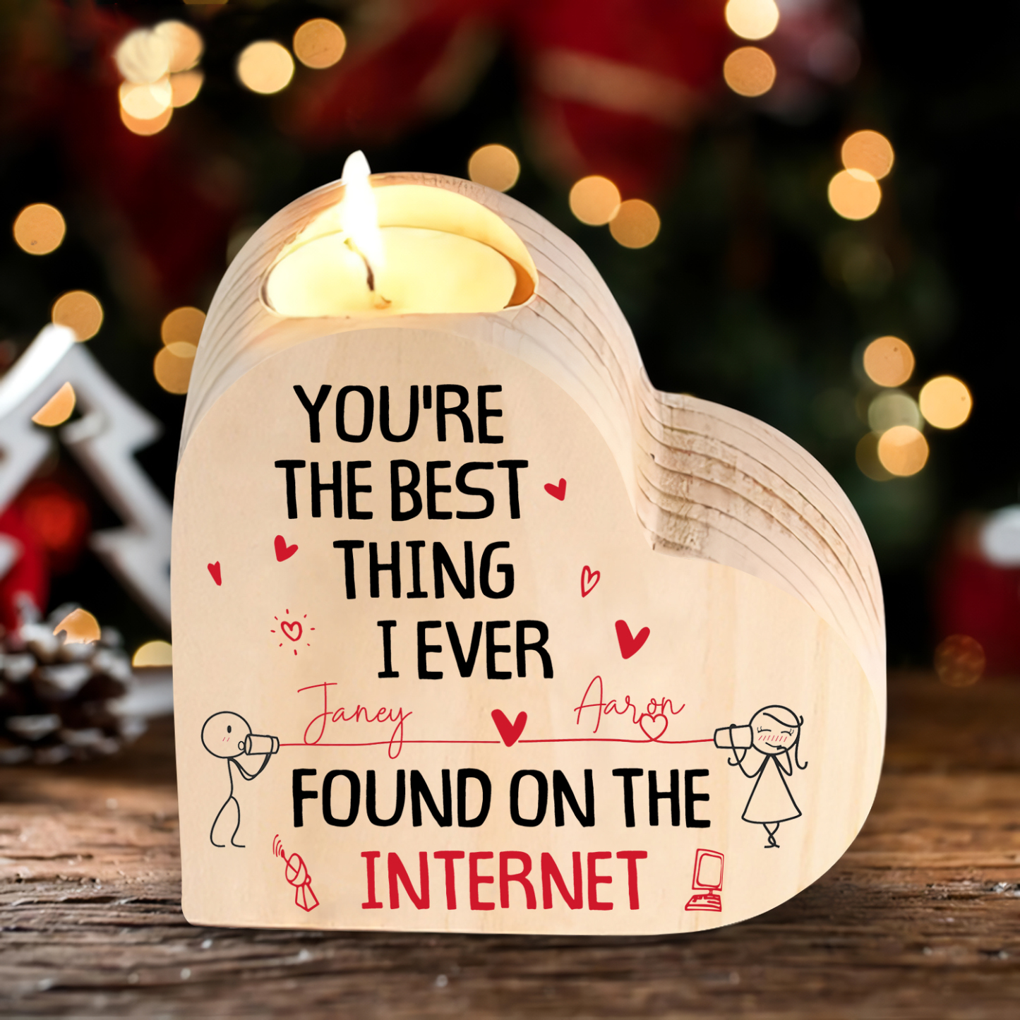 Line Art Couple Candle Holder Custom 2 Names Wooden Candlesticks Valentine's Day Gifts - You're The Best Thing I Ever Found On The Internet-Jessemade AU