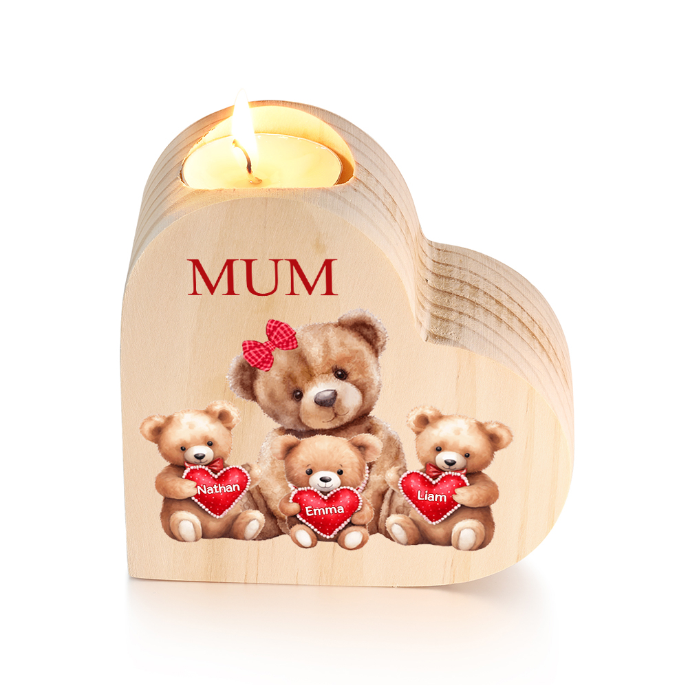 Personalised 3 Names & 1 Text Candle Holder Teddy Bear Wooden Candlestick Gifts for Grandma/Mother-Jessemade AU