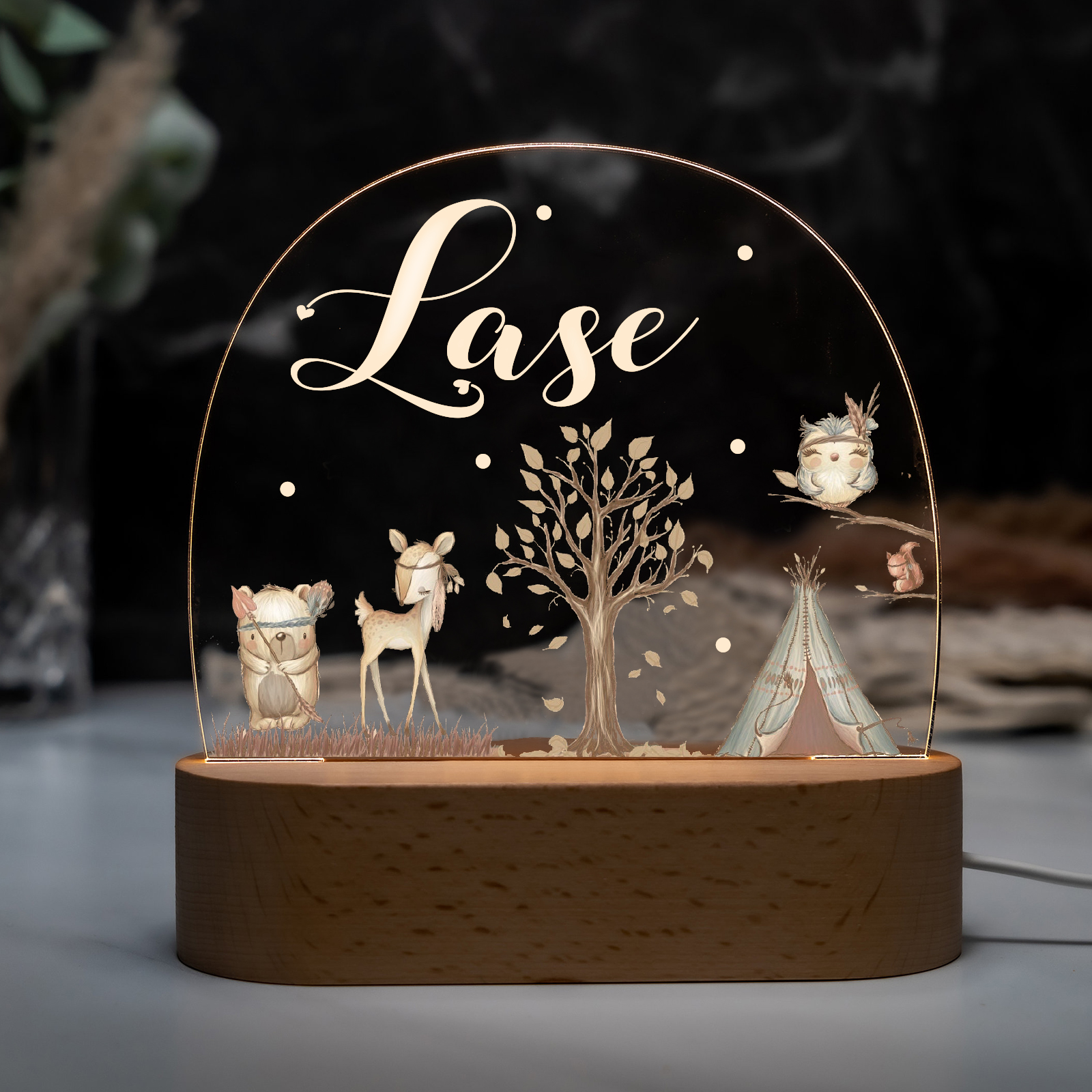 Personalised Woodland Friends Night Light Custom Name LED Lamp Baby Gift-Jessemade AU
