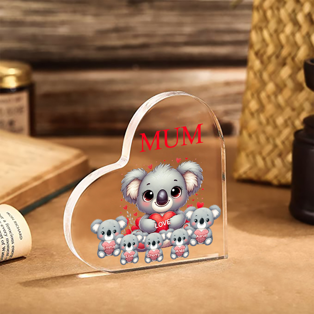 Personalised Acrylic Heart Keepsake Custom 1 Text & 5 Names Ornament Koala Family Gifts for Mother/Grandma-Jessemade AU