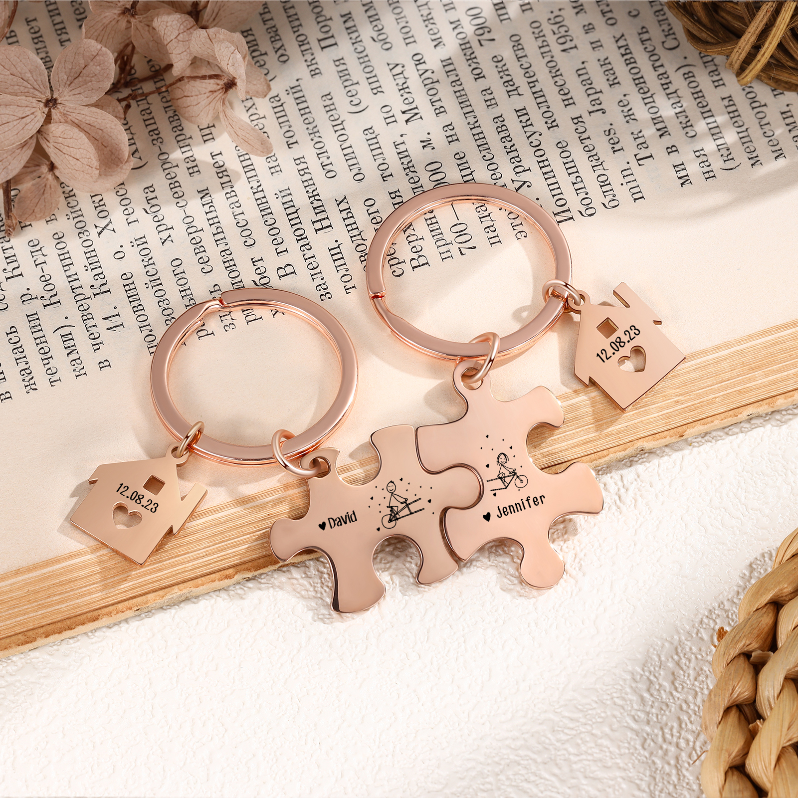 2 PCS Couple Keychain Set Custom 2 Names & Date Keyring Puzzle Keychains Valentine's Day Personalised Gift for Him/Her-Jessemade AU