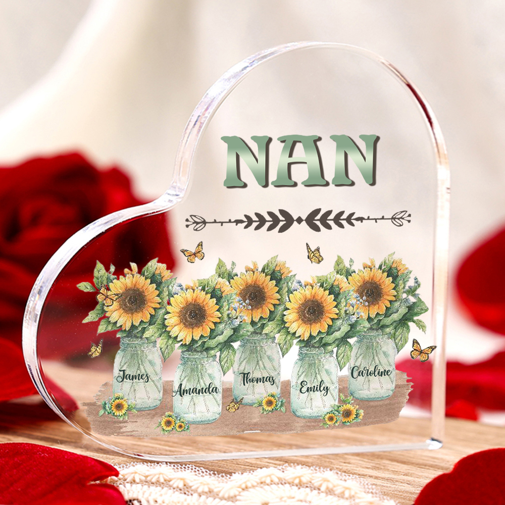 Personalised Acrylic Heart Keepsake Custom 5 Names & 1 Text Sunflower Vase Ornament Gifts for Mother/Grandma-Jessemade AU